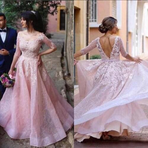 2017 robe de mariage pink wedding dress v-neck appliqued a-line bridal gown custom size