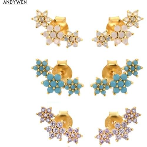 ANDYWEN 925 Sterling Silver Three Flower Stud Earring Piercing Ohrringe Luxury Women Fashion Crystal Luxury Jewelry For Wedding