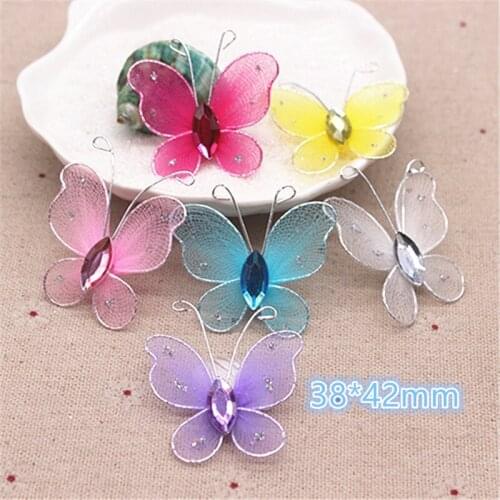 12pcs Kawaii Mix Colors Butterfly Pattern Wire Lycra Stone Patch Charm DIY Affixed Girls Hair Ornament/Hat Decoration,38*42mm