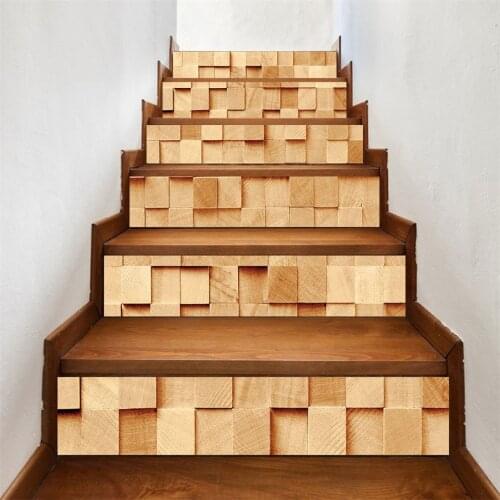 6pcs/set Wood Grain Cube Stair Sticker DIY Vinyl Self-adhesive Stairway Waterproof Removable Wallpaper Staircase Home Decoration