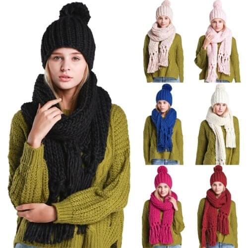 Women Winter 2Pcs Pompom Beanie Hat Tassels Long Scarf Set Solid Color Handmade Braided Cable Knit Skull Cap Neck Warmer
