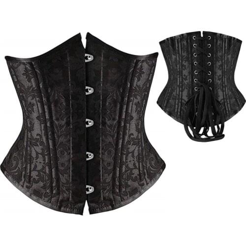 Womens Plus Size 24 Steel Boned Waist Trainer Corset Short Bustier Steampunk Jacquard Underbust Slimming Shaper Cincher Corset