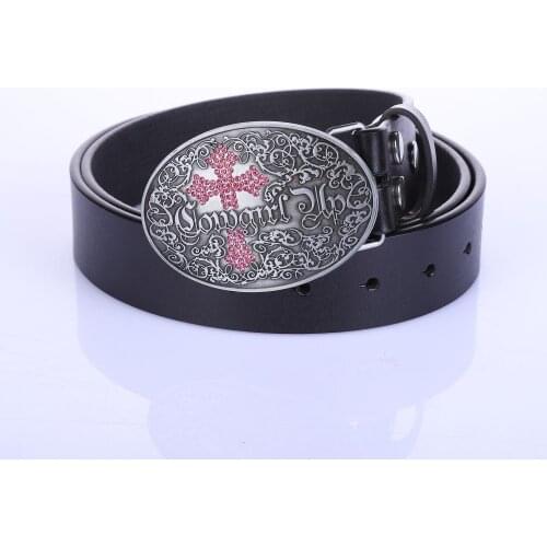 Western cowboy belt cross diamond belt buckle classic leather belt for men and women