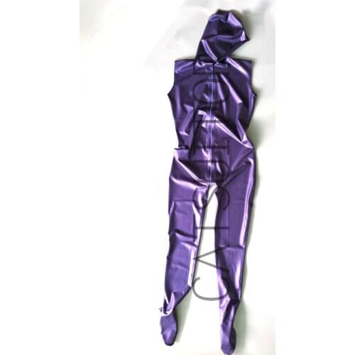 New arrived mens latex jumpsuit rubber catsuit with cap in metallic purple sleeveless
