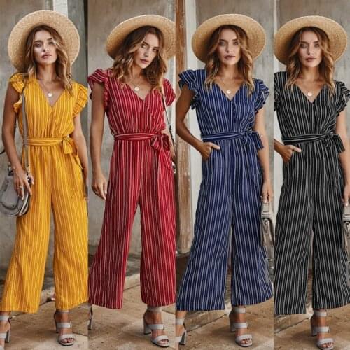 Summer Rompers Womens Sexy Jumpsuit Thin Plus Size Bandage Elegant Fashion Straight Striped Pockets Sleeveless Harajuku Clothes