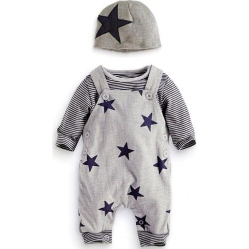 New Promotion Spring And Autumn Childrens Suit Boy Star Strap Trousers + long-sleeved T-shirt + hat Three-piece Childrens Wear