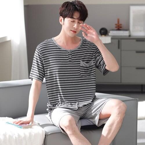 New Modal Cotton Mens Summer Short Sleeve Shorts Pajamas Set Big Size L-3XL Sleepwear Leisure Suits Striped Nightwear Men Pijama