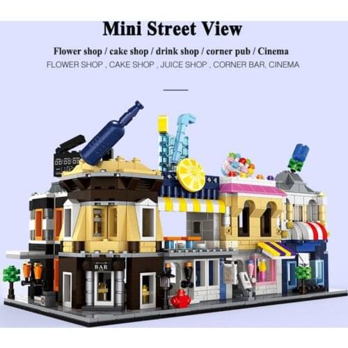 Single Mini House Series Flower Shop Cake Shop Drink Shop Pub Movie Theater Building Blocks Classic Model Toys For Children