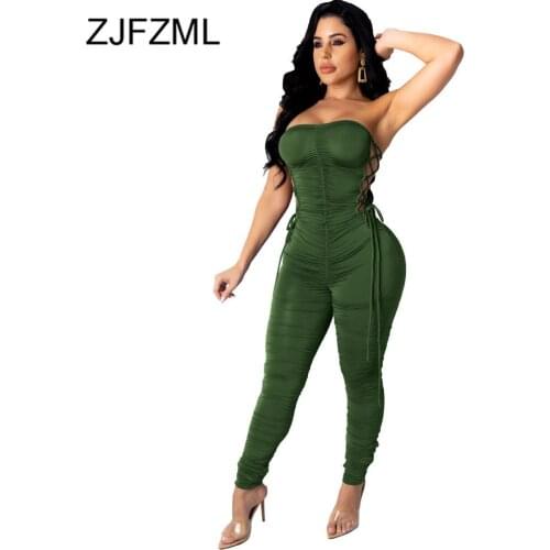 Solid Ruched Lace Up Drawstring Party Club Romper Womne Sexy Off Shoulder Open Back Bodycong Jumpsuit Streetwear Stacked Outfits