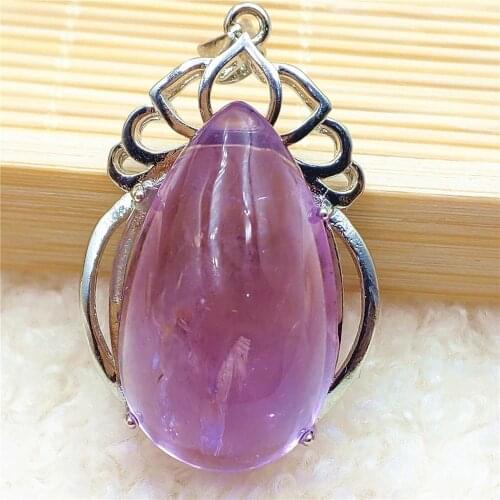 Natural Purple Amethyst Quartz Water Drop Pendant Women Men 31x22mm Amethyst Necklace Brazil 925 Sterling Silver AAAAA
