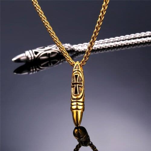 Bullet Cross Pendant Necklace For Men Military Bullet necklace Stainless Steel Chain yellow Gold Color Wholesale P911