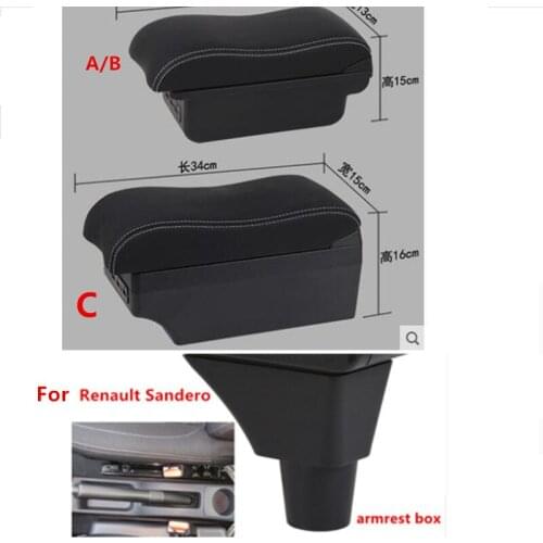 For Renault Sandero Stepway armrest box central Store content Storage box armrest box with cup holder ashtray USB interface