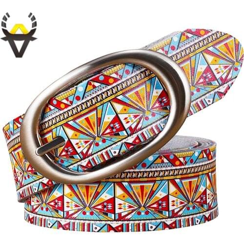 Fashion genuine leather belts for women Printing geometric belt woman Quality Pin buckle cow skin strap female width 3.5 cm