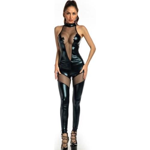 Sexy Women Full Body Bodysuit Patchwork Clubwear Sheer See Through Jumpsuit Oil Gloosy Sexy Tight Shaping Faux Leather F35
