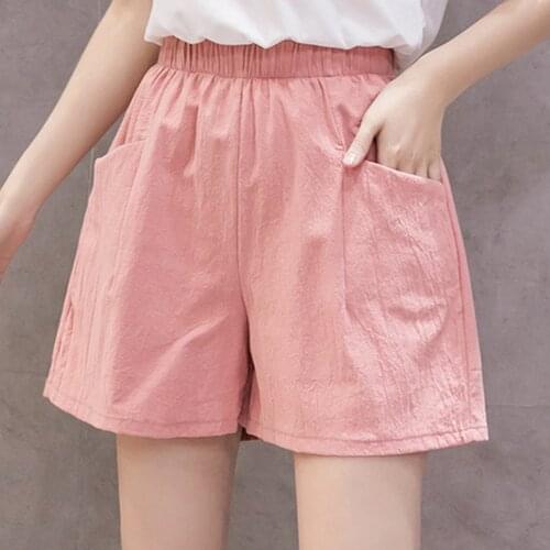Womens Short Summer Loose Elastic Short Sport Shorts Casual Elastic Waist Cotton Linen Shorts Pink Pocket Beach Sport Shorts
