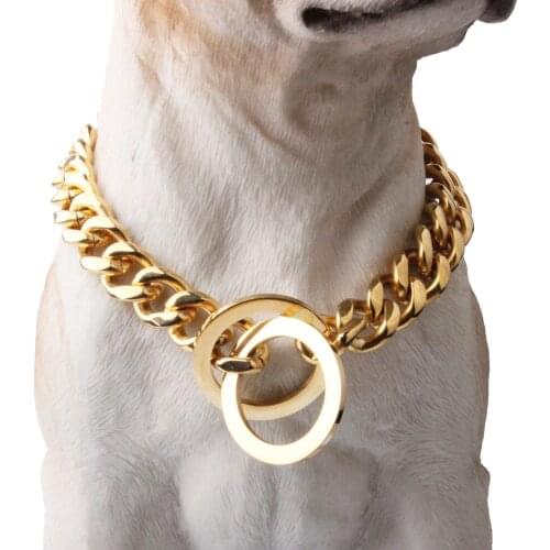 Tiasri 12mm Pet Dog Collar Thick Collars Gold Color Chain Plated Safety Collar Puppy Dogs Supplies Stainless Steel Materials