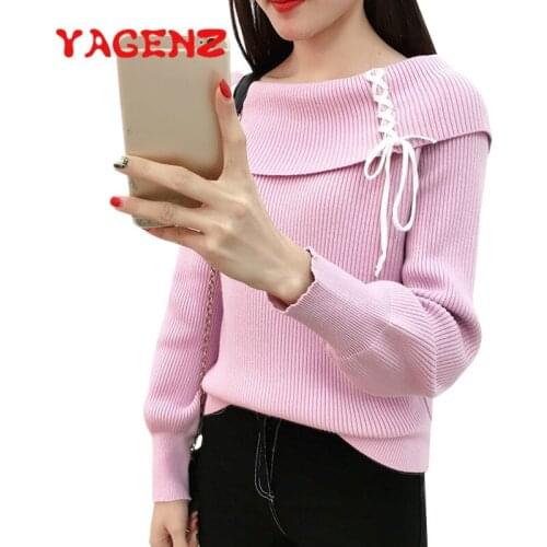 YAGENZ Lantern Sleeve Autumn Winter Woman Sweater Knitting Pullover Ladies Loose Tops Fashion Lace Up Collar Warm Female Sweater