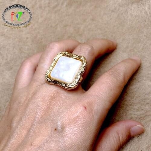 F.J4Z Fashion Huge Geometric Finger Rings for Women Stunning Square Round Simulated Pearl Top Ladies Rings Adjustable Dropship