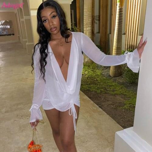 Adogirl Sheer Mesh Two Piece Dress Sets Women Sexy Plunge V Neck Flare Long Sleeve Drawstring Bandage Mini Skirt Clubwear