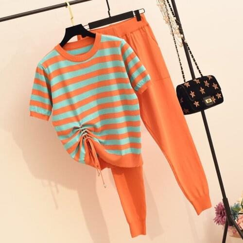 Summer Casual Knit Stripe Drawstring Pleated Lace-Up Short Sleeve O-Neck Top And Ankle Length Pants Tracksuit Women 2 Piece Sets