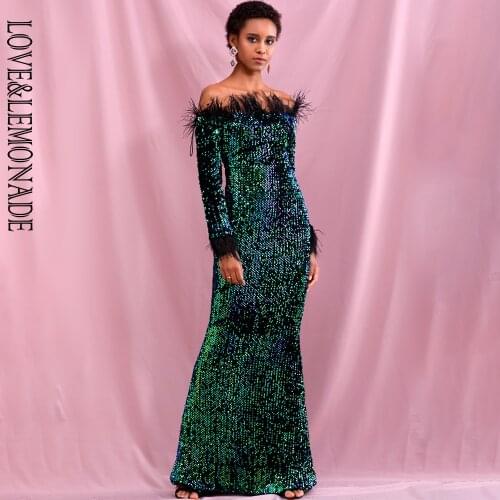 LOVE & LEMONADE Sexy Green Collar Long Sleeve Feather Decoration Elastic Velvet Sequin Bodycon Party Maxi Dress LM82331