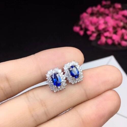 Uloveido Natural Blue Sapphire Earrings for Women, 925 Sterling Silver, 4*6mm*2 Pcs Gemstone Wedding Party Jewelry FR121
