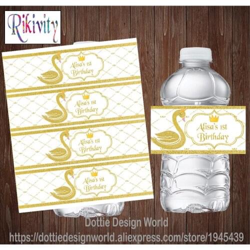 20 Custom Gold Crown Swan Birthday Water Bottle Wine Labels Candy Bar Wrapper Stickers Bridal Baby Shower Wedding Decoration