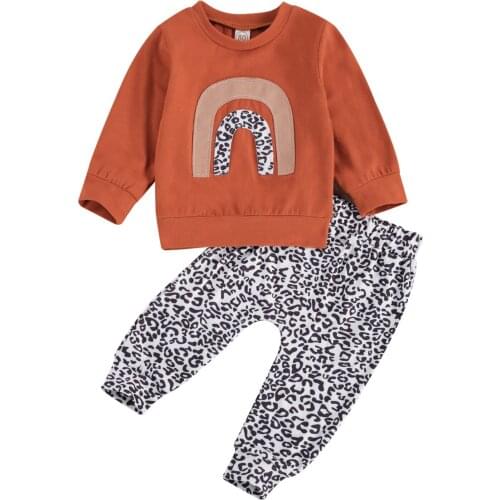 2020 Fall Newborn Toddler Baby Girls Boys Clothes Sets Rainbow Long Sleeve Pullover Sweatshirt Tops Leopard Print Pants 0-24M
