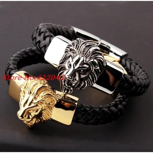 22cm *15mm Cool Lion head Bracelet Mens Genuine Black Leather Bracelets Silver Gold color 316L Stainless Steel Bangle Jewelry