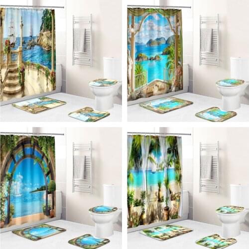 3D Plant Landscape Waterproof Fabric Bathroom Accessories Shower Curtain 4 Sets of Non Slip Carpet Bathroom Cover Bath Mat