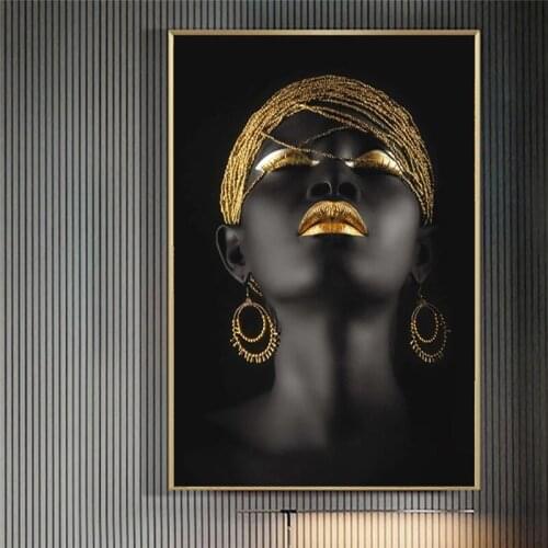 African Black Woman with Golden Headdress Canvas Art Posters And Prints Black Girls Canvas Paintings On the Wall Art Pictures