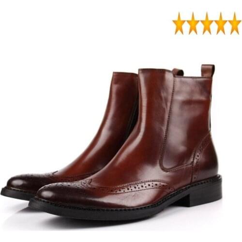 Brogue Mens Boots Genuine Vintage Leather Business Male Casual Shoes Wing Tip Work Safety Botas Rock Winter Punk Footwear