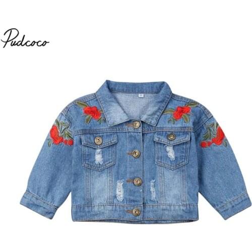 2019 Baby Spring Autumn Clothing Baby Girl Embroidery Denim Jacket Coat Cardigan Buttoned Pocket Outerwear 1-5T