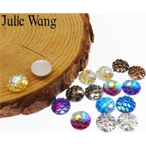 Julie Wang 100PCS 8/12mm Round Resin Shinny Mermaid Scales Cabochon Randomly Mixed Bracelet Necklace Jewelry Making Accessory