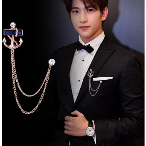 Lapel Pin Suit Brooch 2021 Fashion Costume Jewelry Korean Gold Chain Tassel Crystal Rhinestone Anchor Brooches For Men Women