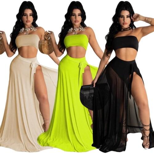 LINLING 3 Pieces Swimwear for Women Bandeau Top + Bikini Bottom + Mesh See Through Cover Up Dress