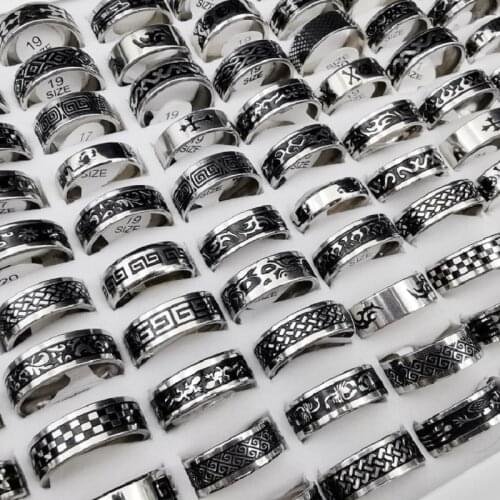 MixMax 50pcs/Lot Mens Stainless Steel Rings 8MM Etched Black Pattern Fashion Jewelry Ring Wholesale Lot