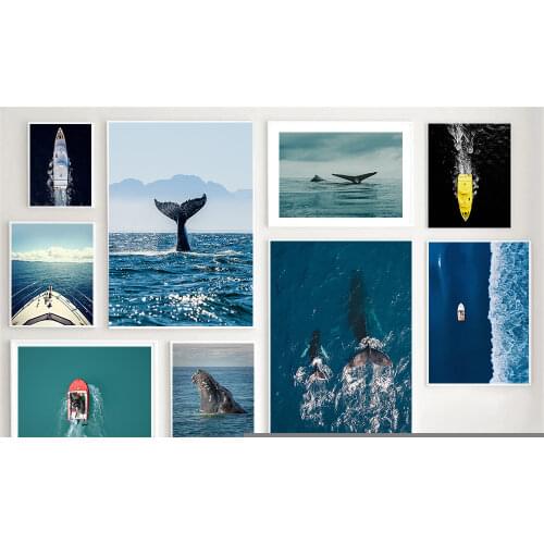 Nordic Whale Blue Sea Wall Art Poster Dolphin Art Prints Yacht Ship Canvas Painting Modern Pictures For Living Room Home Decor