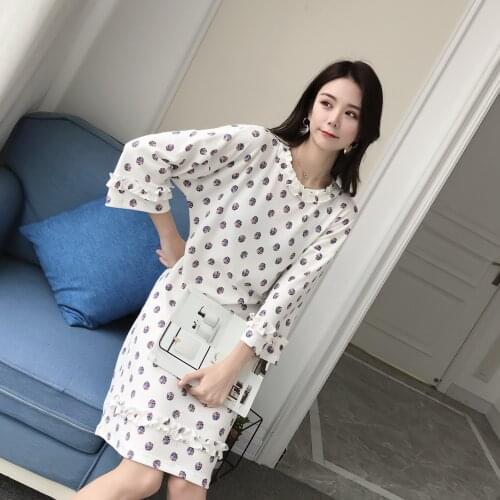 New spring and autumn nightdress cotton knitted waffle three-quarter sleeve lace skirt long skirt flower plus size home skirt