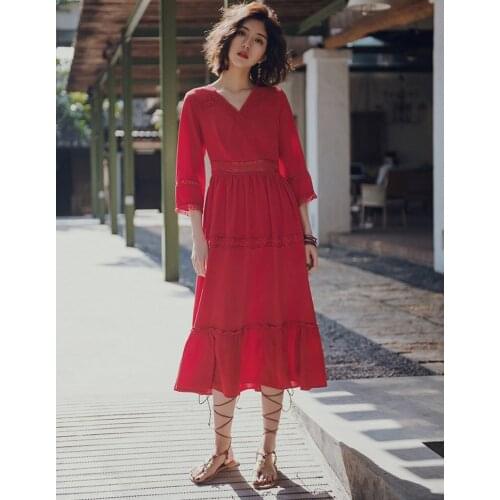 2021 new design girls casual holidays beach red long dresses womens fashion summer design loose vintage dress lady size XL #A33