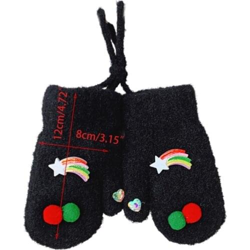 Toddler Baby Kids Winter Knitted Gloves Cartoon Rainbow Star Pompom Decor Thick Plush Lined Mittens Hand Warmer with Hanging Nec