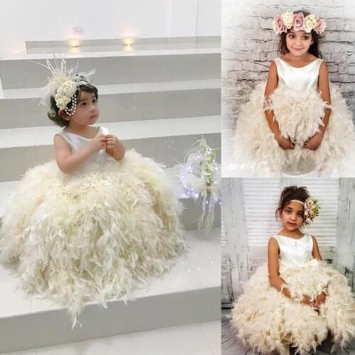 Luxury Lovely Flower Girls Dresses for Wedding O Neck Full Feather Puffy Ball Gown Girl Pageant Gowns