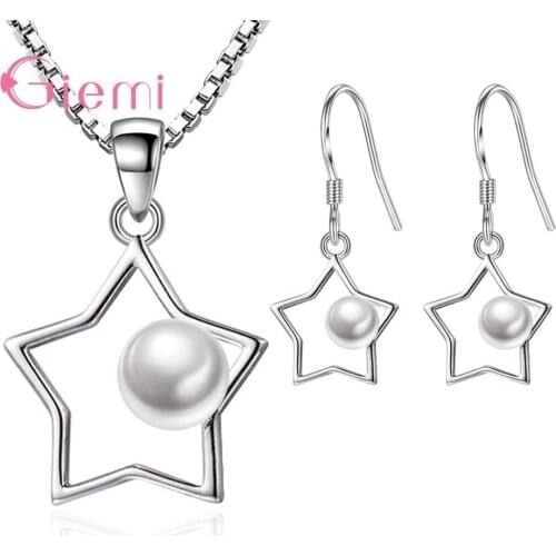 Trendy Personality 925 Sterling Silver Hollow Pentagram Earrings Necklace Jewelry Sets Pearl Star Pendant Jewelry Bijoux