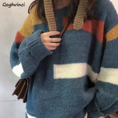 Spring Autumn Women Pullovers Loose Vintage Simple Preppy Style Patchwork Knitted Korean Retro Casual Females Striped Sweater