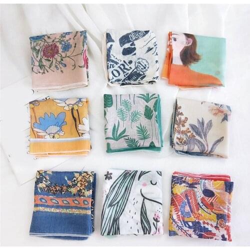 58*58cm Cotton Linen Women Scarves Small Square Scarf Female Thin Headscarf Harajuku Floral Print Neckerchief Decorative Scarf