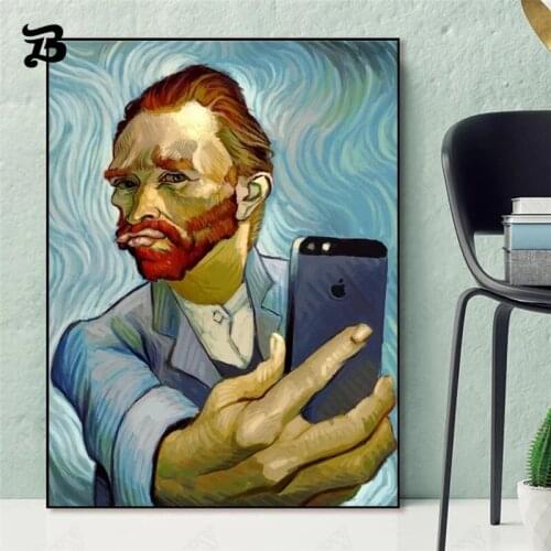 Funny Character Drawing Holding Mobile Phone To Take a Selfie Canvas Painting Abstract Poster and Print Wall Art for Home Decor