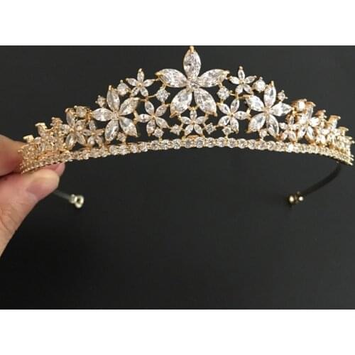 SLBRIDAL Golden Vintage Gold Clear Cubic Zircon Wedding Tiara CZ Bridal Queen Princess Pageant Royal Party Crown Women Jewelry