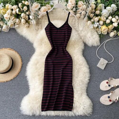 Slim V Neck 2020 sexy striped print v neck Knitted midi split Dress Bodycon Summer Party dress spaghett strap Women casual dress