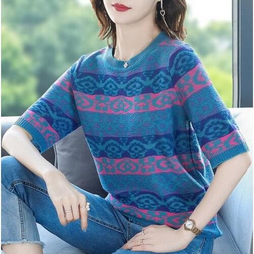 Vintage Striped Print Summer Short Sleeve Knitted Tops Women Plus Size Knitwear T-Shirt Fashion Contrast Color Thin Pullovers