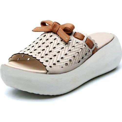 Retro Women Slippers 2021 Summer Shoes Wedges Platform Slippers Genuine Leather Open Toe Slipper Casual Slides Zapatos De Mujer
